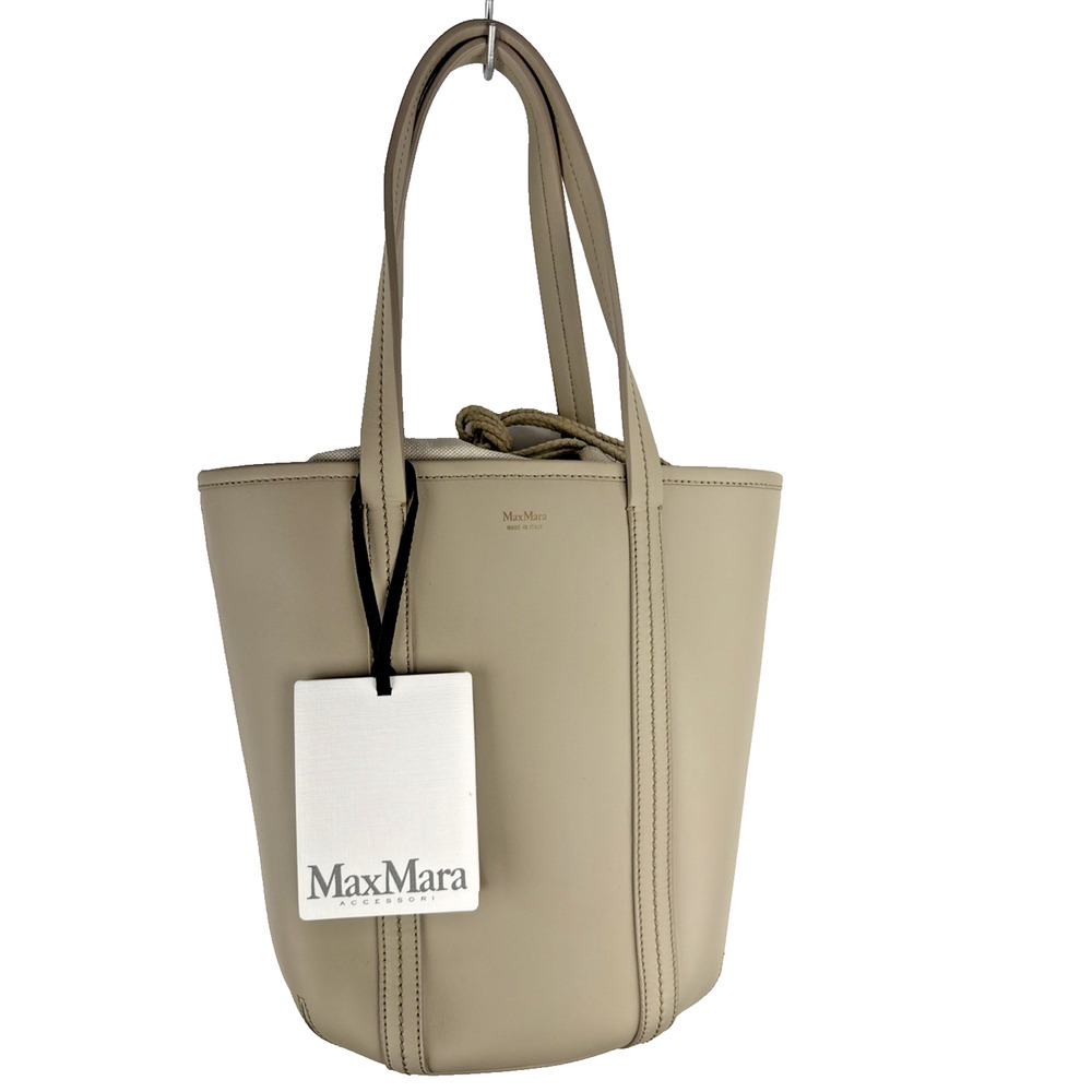 Max Mara Teresa Taupe Beige Leather Drawstring Bucket Bag Minimalist Neutral NWT